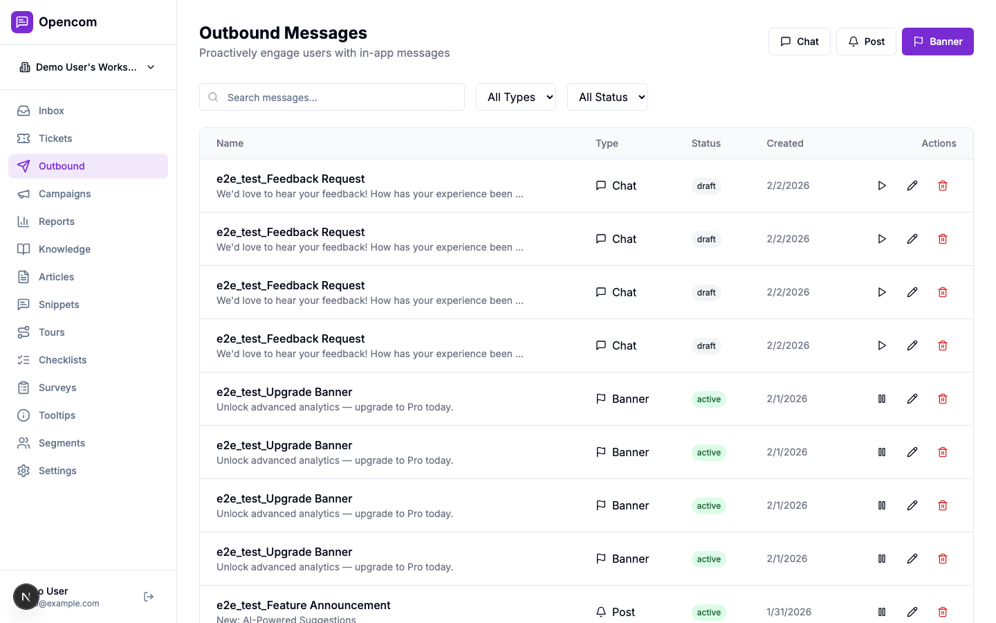 Outbound Messages — proactive in-app messaging