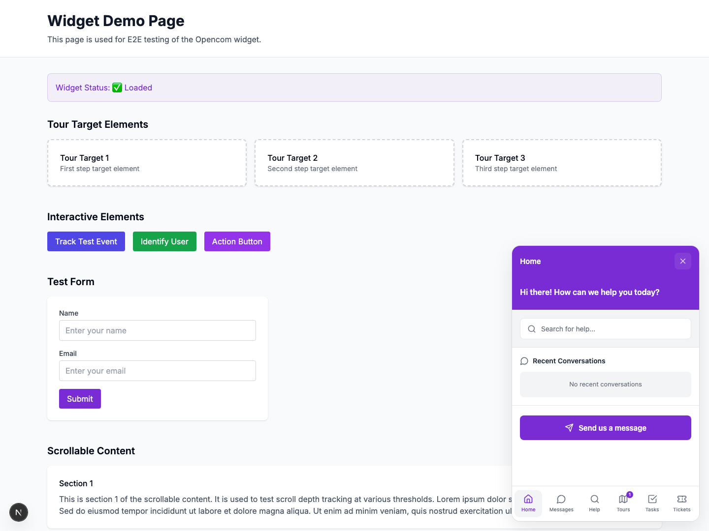 Widget home tab with search and recent conversations